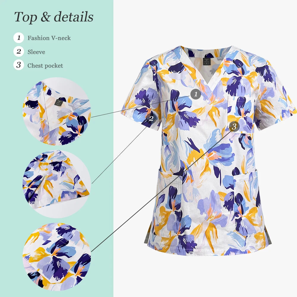 Scrubs Uniform Woman Cotton Print Scrub Healthcare Scrubs Women Fashion with Pockets Short Sleeve Nurse Uniform Tops Pants Sets