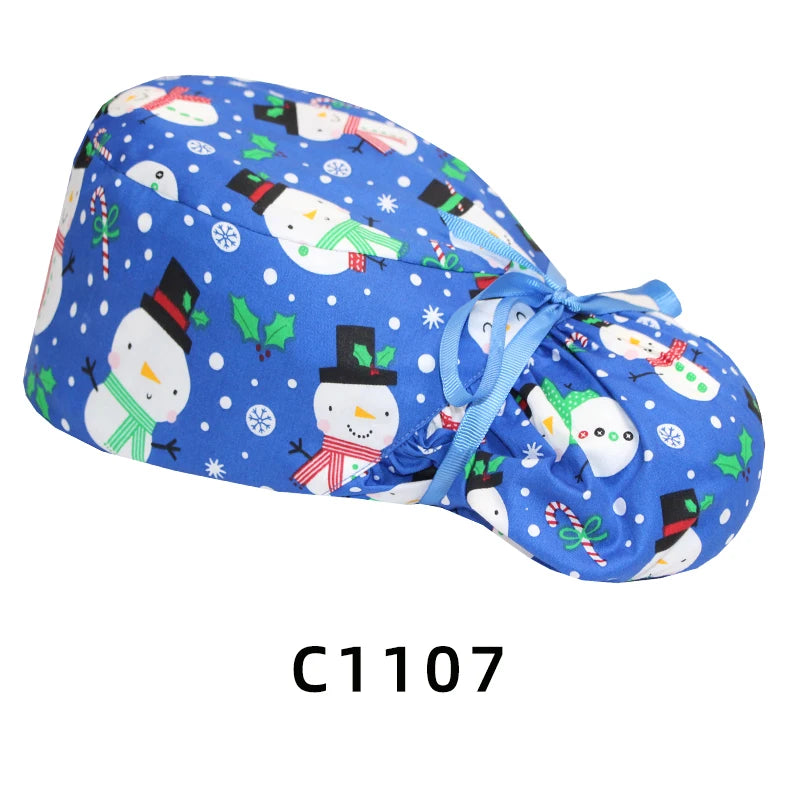 Christmas Snowman Scrub Caps for Long Hair Cotton Surgical Hats Dental Nursing Caps Women Men Hospital Clinic Medical Caps C1093