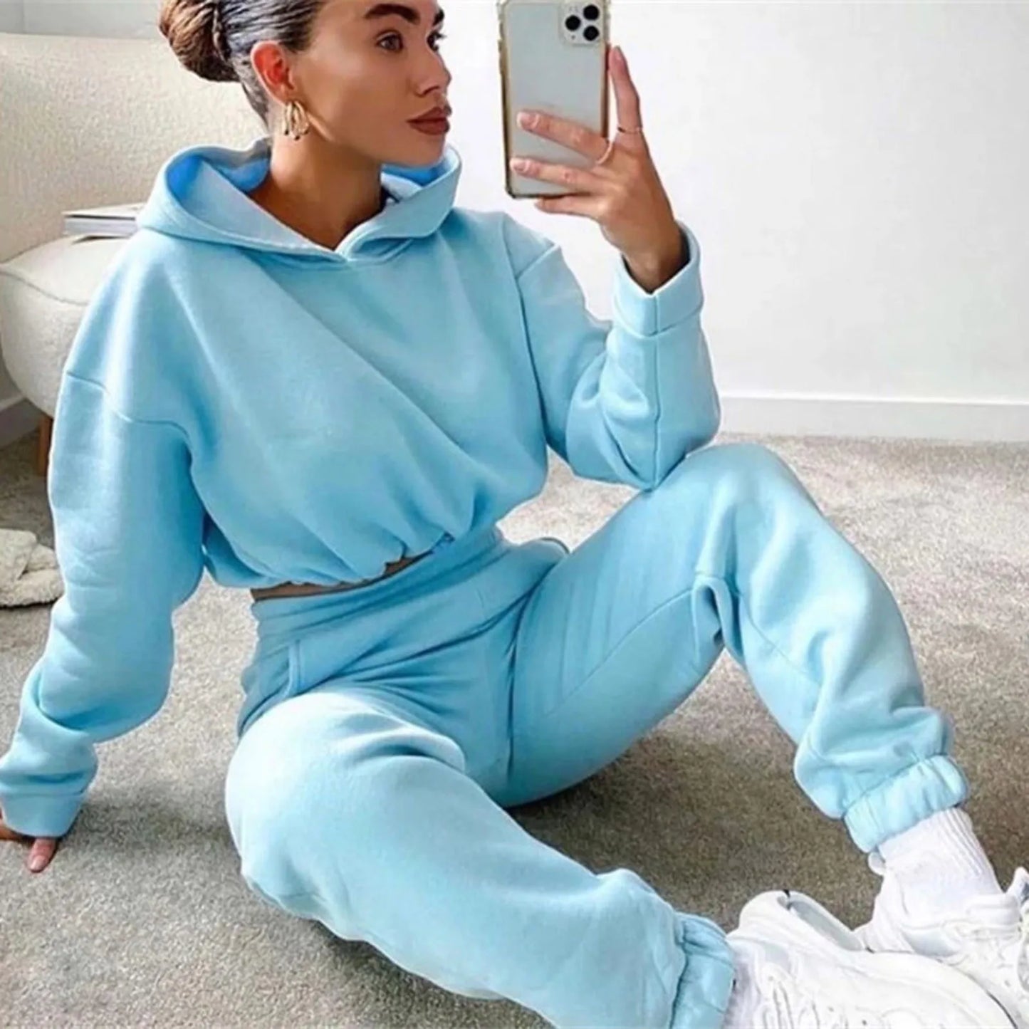 Winter Tracksuit Women Two Piece Set - Oversized Hoodie Sweatpants Solid Color Sportswear Suit |Casual Sweatshirt Trouser Set