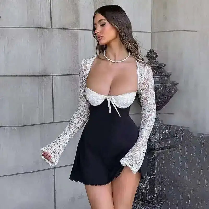 Townlike Lace Patchwork Waist Wrap A-line Dress Women Mini 2024 Autumn Winter Dress Backless Nightclub Sexy Party Dresses