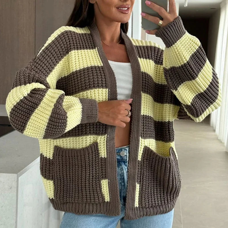 Autumn Winter Warm Knitted Sweater for Women Fashion Contrast Color Loose Top Cardigan Casual Long Sleeve Pocket Jumper Harajuku