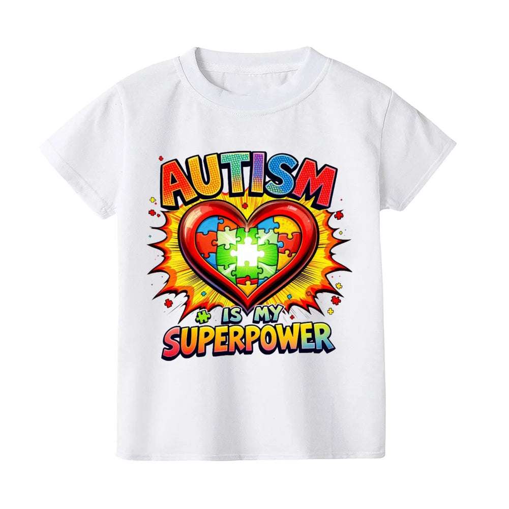 Autism Is My Superpower Kids Tshirt Autism Awareness Youth Shirt Toddler Short Sleeve Clothes Colorful Puzzle Boys Tee