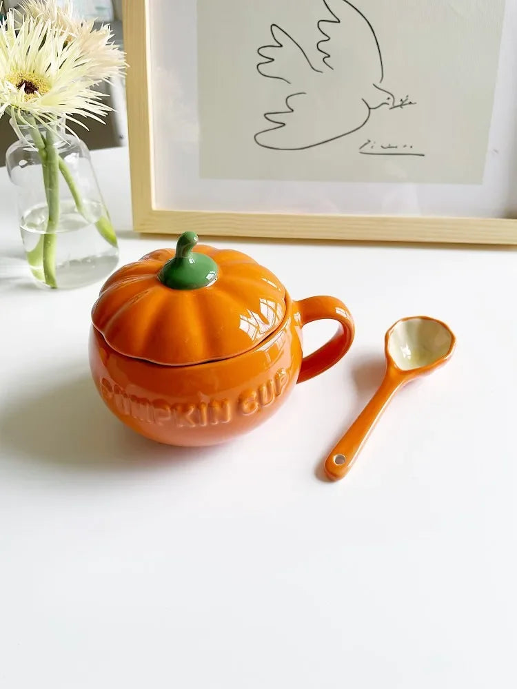 Cute Pumpkin Ceramics Coffee Mug Milk Soup Cup with Lid Breakfast Water Mug Office Home Drinkware Teacup Decoration Morning Cup
