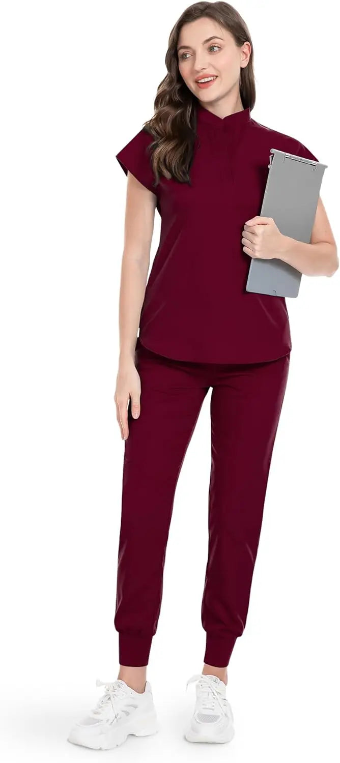 niaahinn Scrubs Set for Women Nurse Uniform Jogger Suit Stretch Top & Pants with Multi Pocket for Nurse Esthetician Workwear
