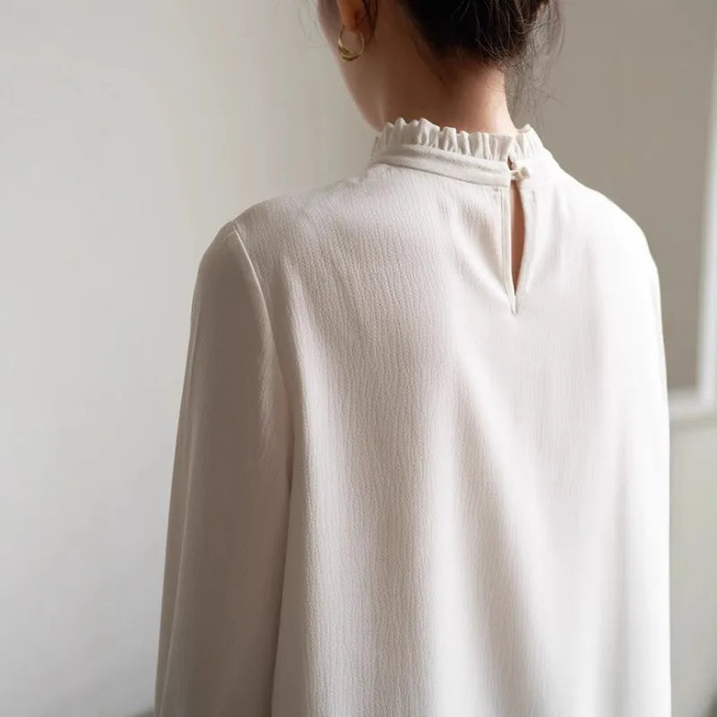 Ruffles Elegant Women Blouses Woman White Shirt Long Sleeve Shirts Office Lady Business Commuter  Solid Women Work Tops French