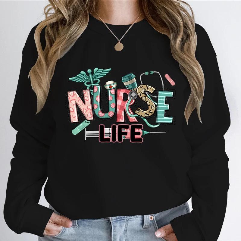 Woman Clothing Nurse Life Cartoon Classic Design Sweatshirts Nurse Gifts Autumn Hoodies Registered Nurse Gift Cartoon Sweatshirt