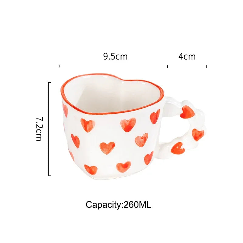 Cute Ins Style Heart Shape Coffee cup with Saucer Hand Painted Love Ceramics Mug Festival Gifts Afternoon tea Cup Breakfast cups