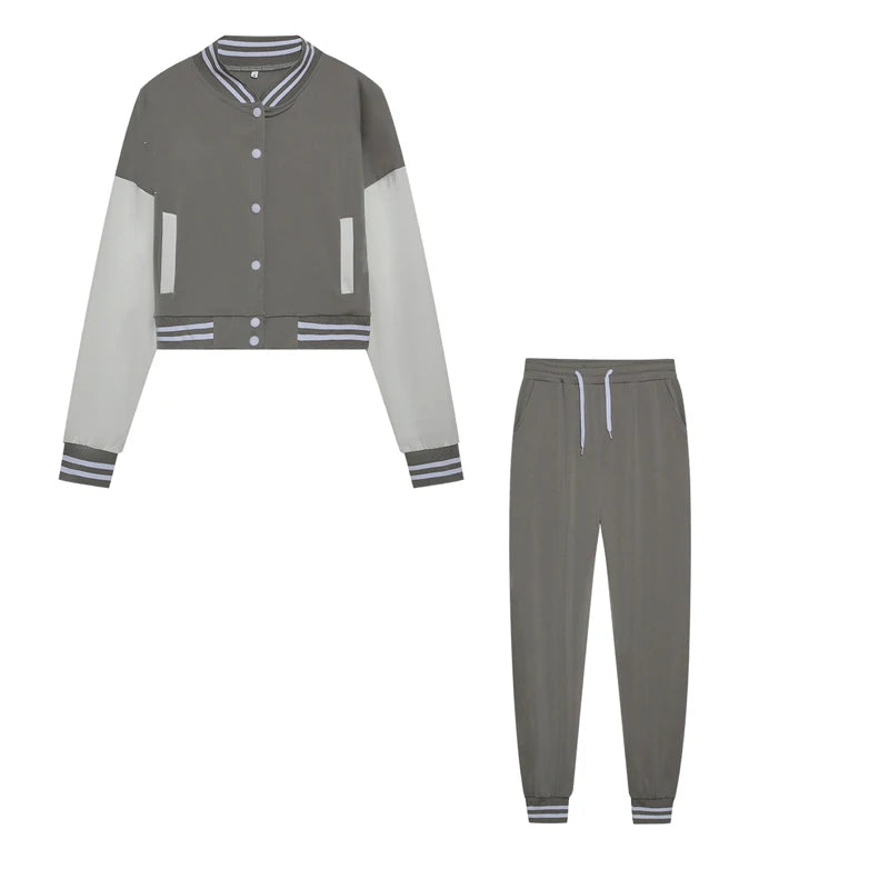 New Women's Stitching Jacket Single-breasted Baseball Sports Two-piece Suit