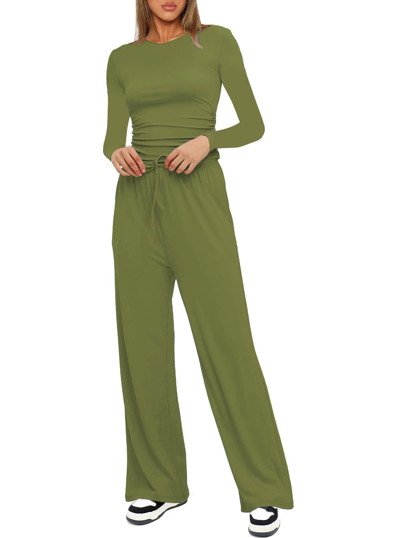 Autumn Winter Trend Fashion Women's Two Pieces Set Solid Casual O Neck Long Sleeve T-shirts & High Waist Wide Leg Pants Sets