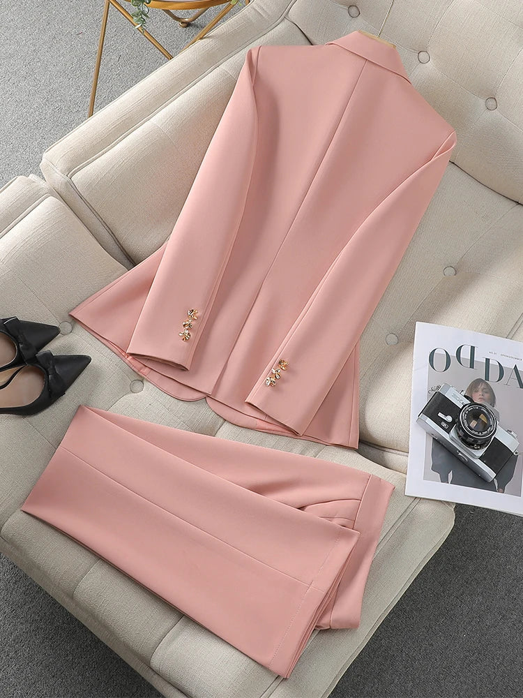 Autumn Winter Pink Black Beige Women Pant Suit 2 Piece Set Ladies Female Business Work Wear Formal Blazer Jacket And Trouser