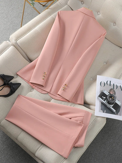 Autumn Winter Pink Black Beige Women Pant Suit 2 Piece Set Ladies Female Business Work Wear Formal Blazer Jacket And Trouser