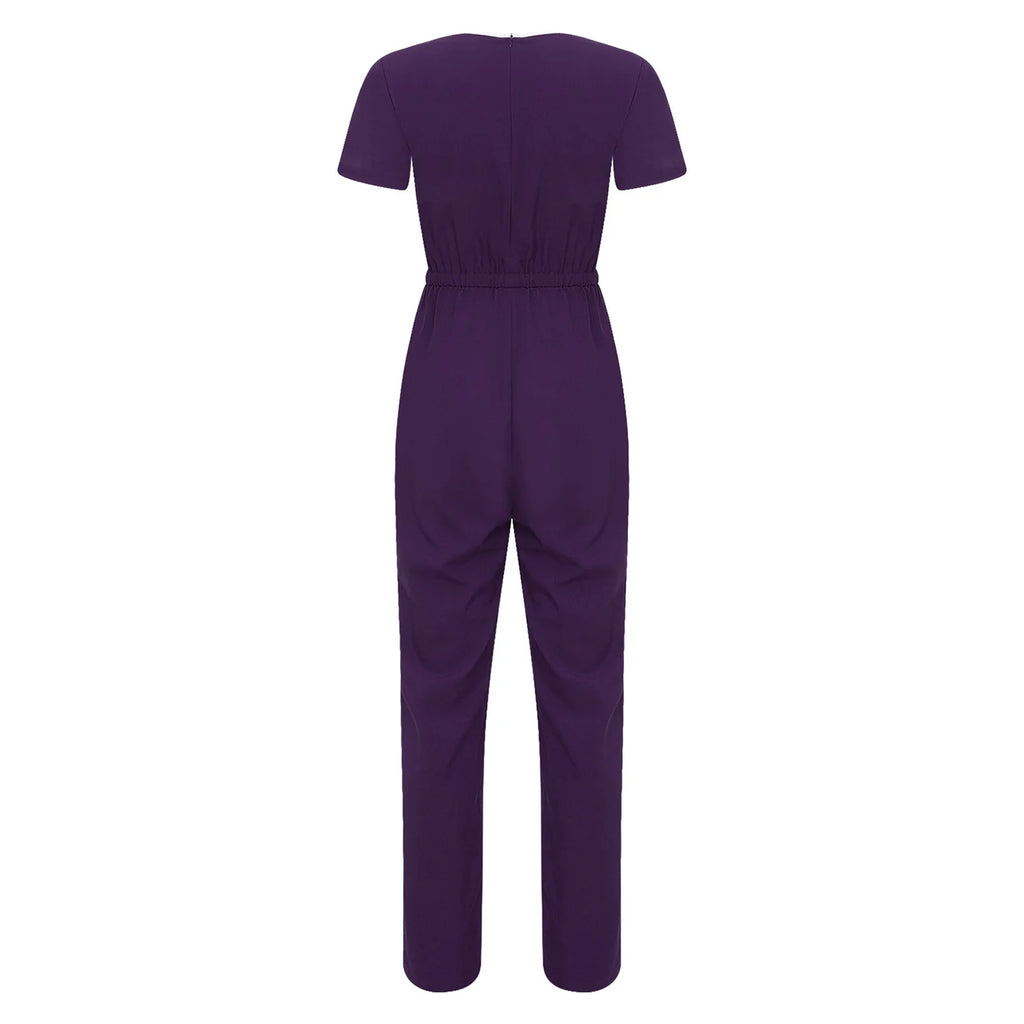 Women Scrub Jumpsuit Nurse Doctor Medical Esthetician Workwear Short Sleeve Multi-pockets Elastic Waist Jogger Pants Rompers