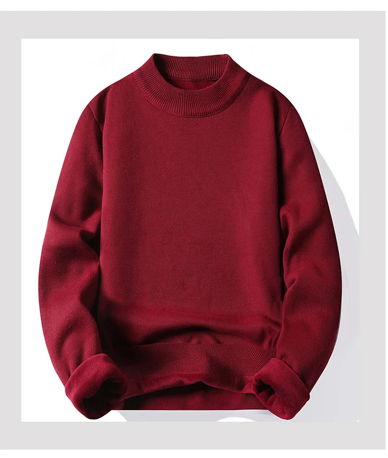 Winter New Men's Knitted Sweater with A Half High Collar Solid Color Plush and Warm Knitted Lining Top  Casual and Versatile Top
