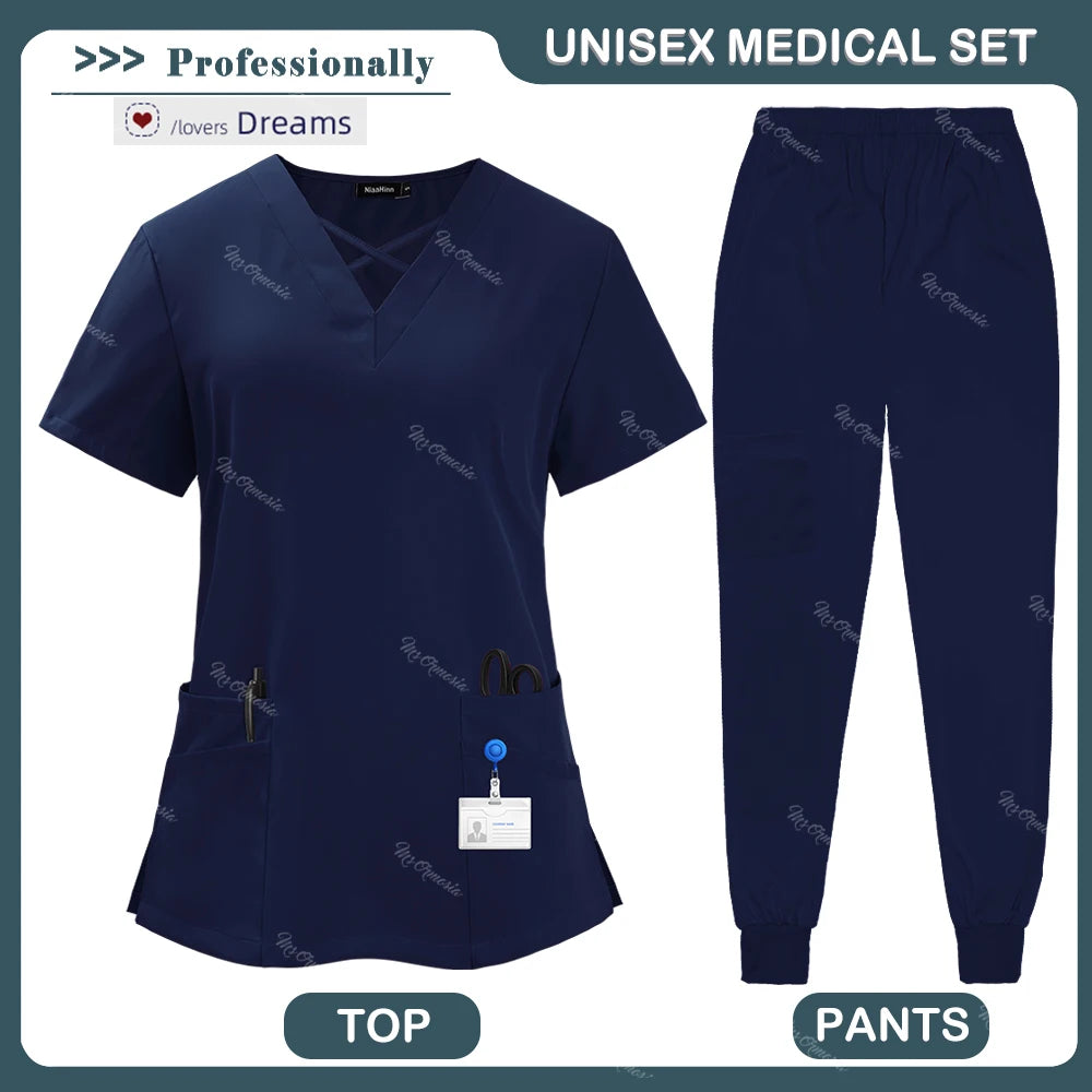 Beauty Tops+pants Medical Uniform Surgery Scrubs Set Short Sleeve Pet Shop Doctor Nurse Nursing Uniform Women Workwear Scrub Set