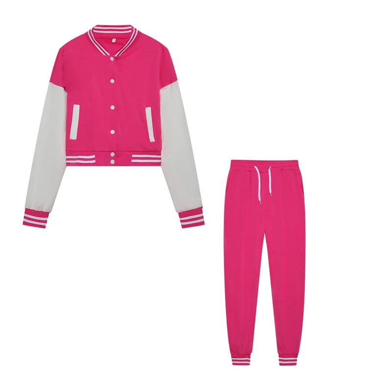 New Women's Stitching Jacket Single-breasted Baseball Sports Two-piece Suit