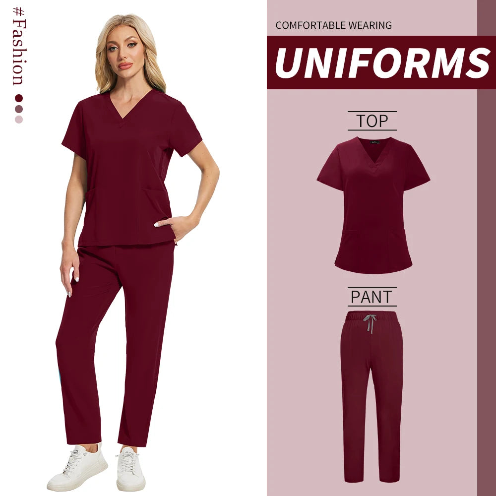 Women Health Service Nurse Uniforms Scrub Set Beauty Salon Spa Workwear Scrubs Top+Pant Doctor Nursing Tunic Suit