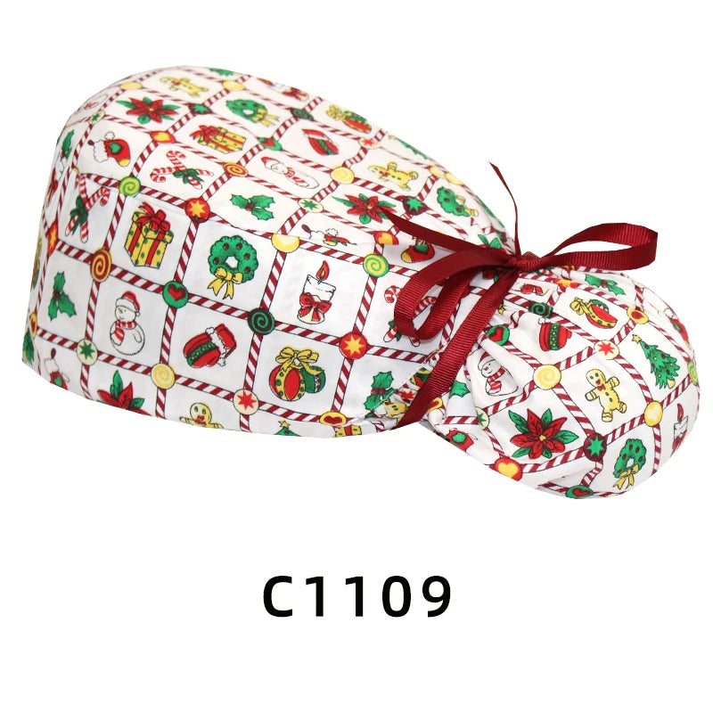 Christmas Snowman Scrub Caps for Long Hair Cotton Surgical Hats Dental Nursing Caps Women Men Hospital Clinic Medical Caps C1093