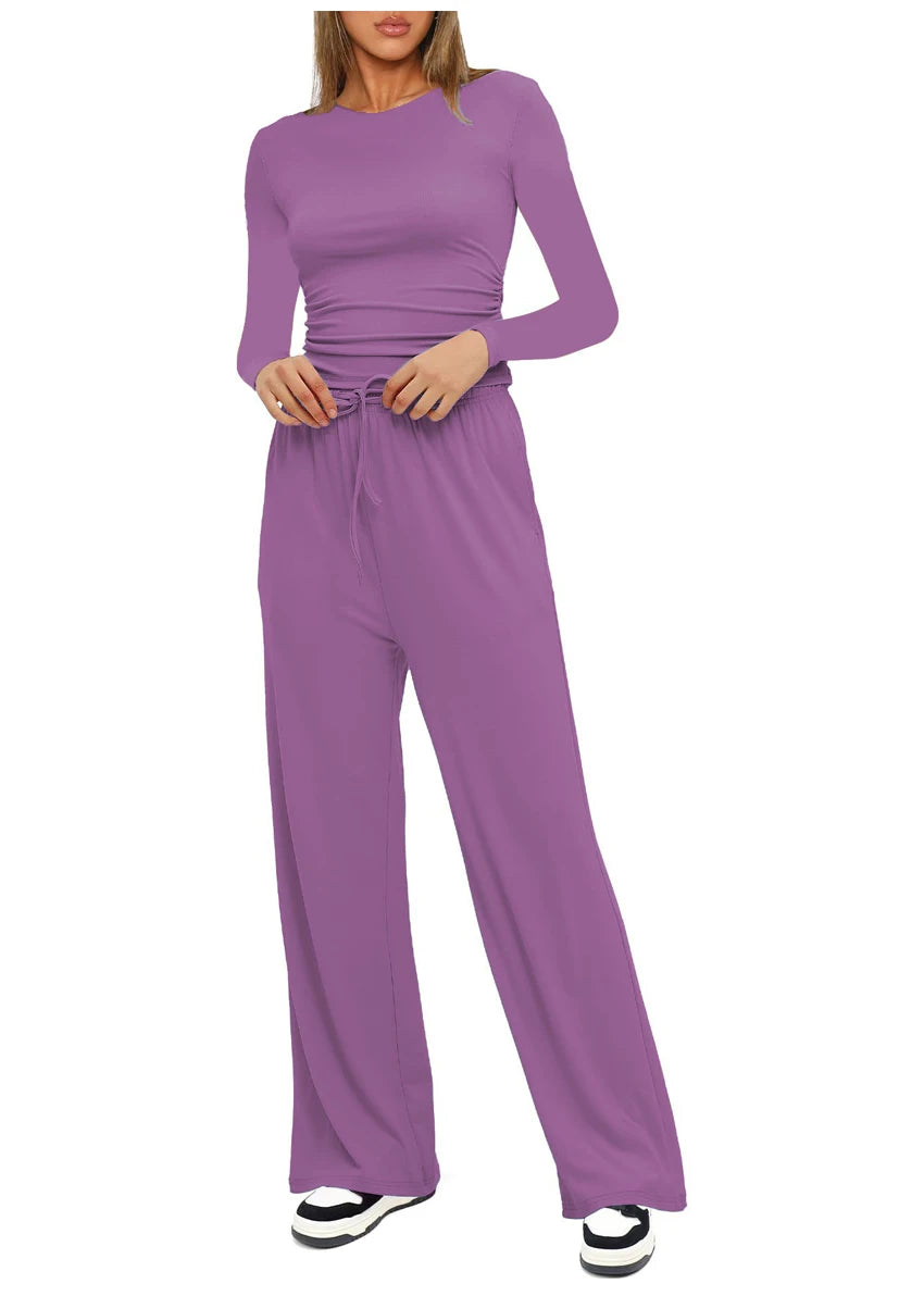Autumn Winter Trend Fashion Women's Two Pieces Set Solid Casual O Neck Long Sleeve T-shirts & High Waist Wide Leg Pants Sets
