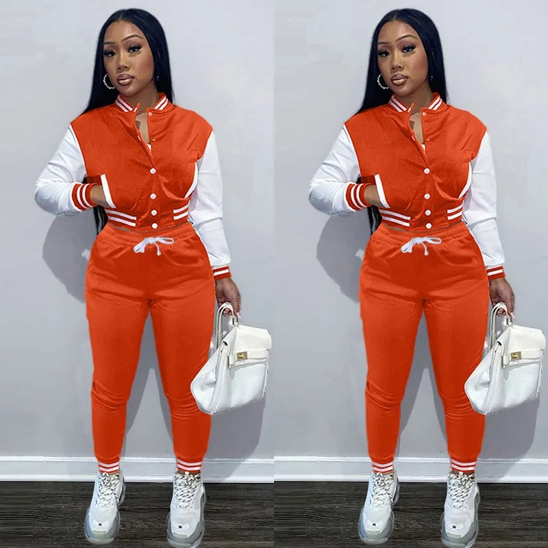 New Women's Stitching Jacket Single-breasted Baseball Sports Two-piece Suit