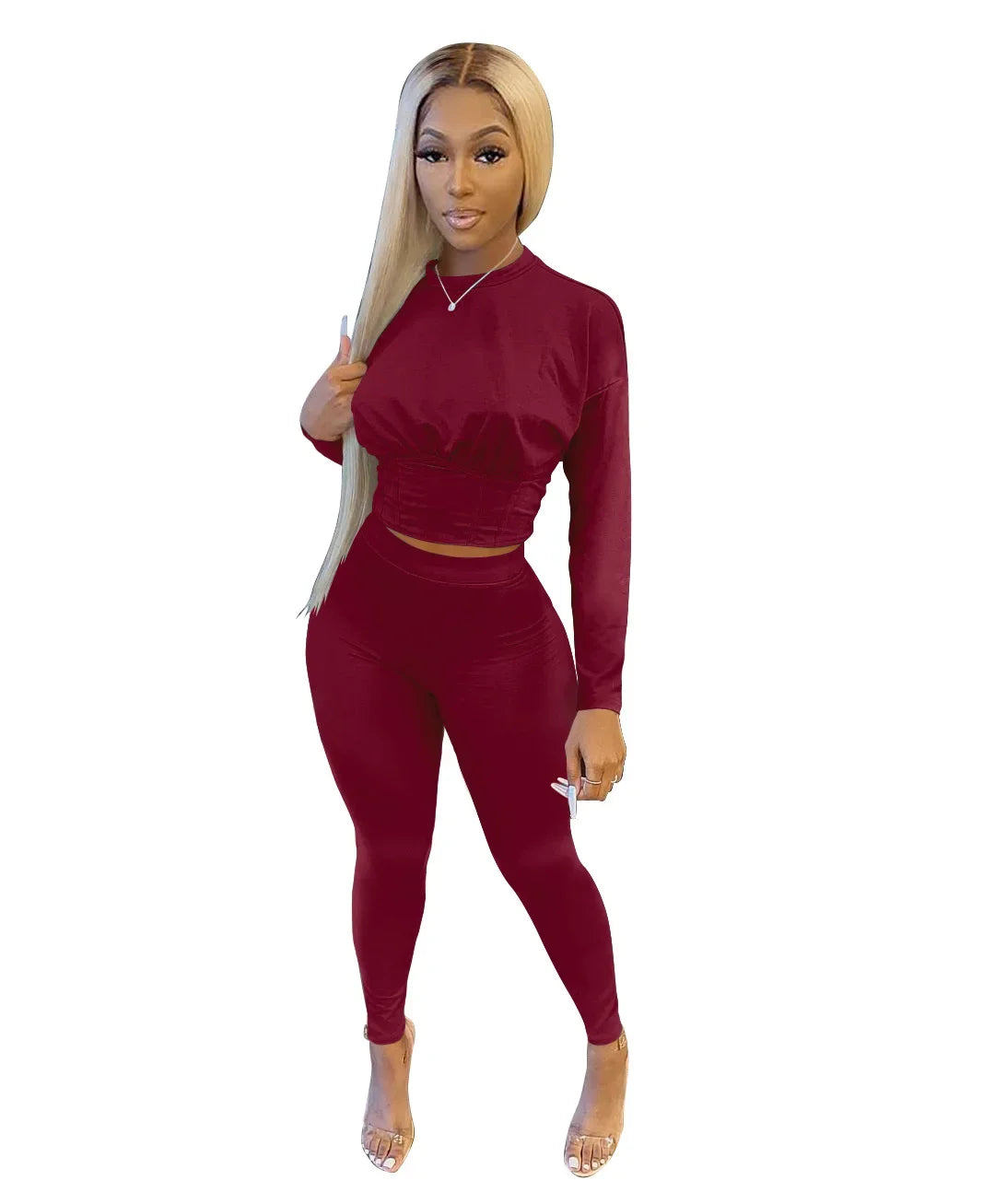 New Autumn Women's Pure Color Sports Waist Suit Fashion Casual Two-piece Set