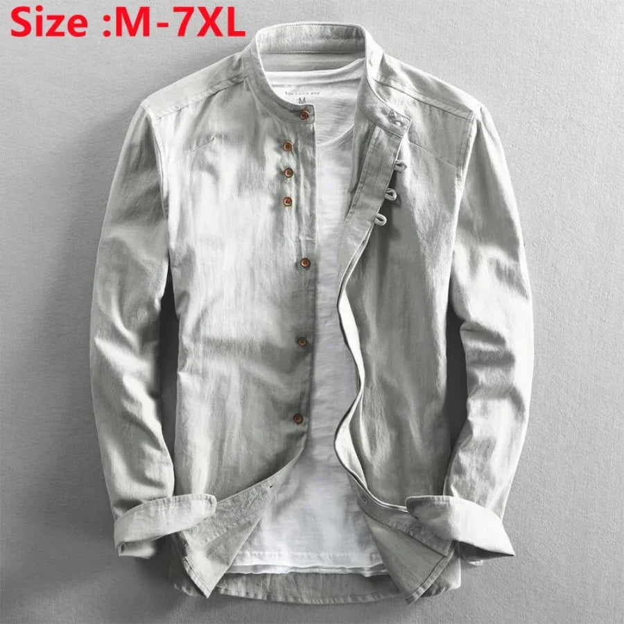 Plus Size 6XL 7XL Men's Casual Cotton Linen Shirt Formal Retro Long Sleeve Soft Loose Shirts Male Oversized Clothing Shirts Tops