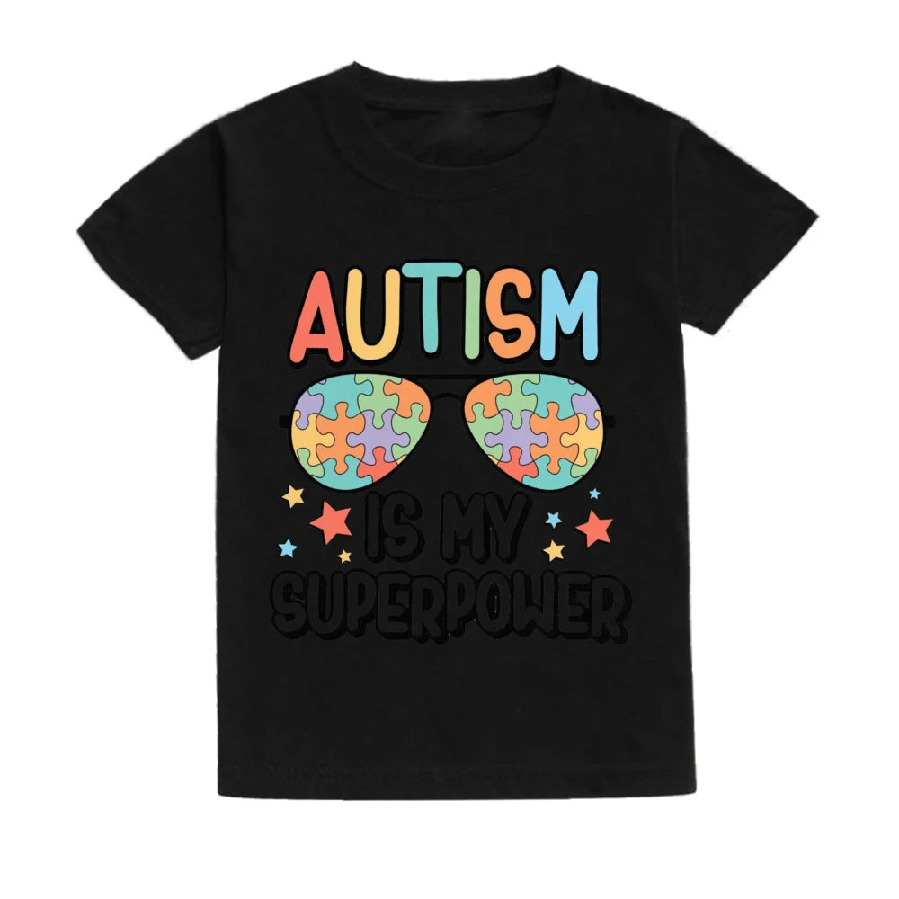 Autism Is My Superpower Kids Tshirt Autism Awareness Youth Shirt Toddler Short Sleeve Clothes Colorful Puzzle Boys Tee