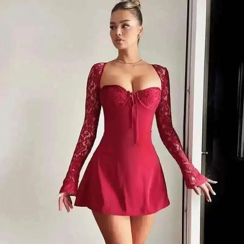 Townlike Lace Patchwork Waist Wrap A-line Dress Women Mini 2024 Autumn Winter Dress Backless Nightclub Sexy Party Dresses