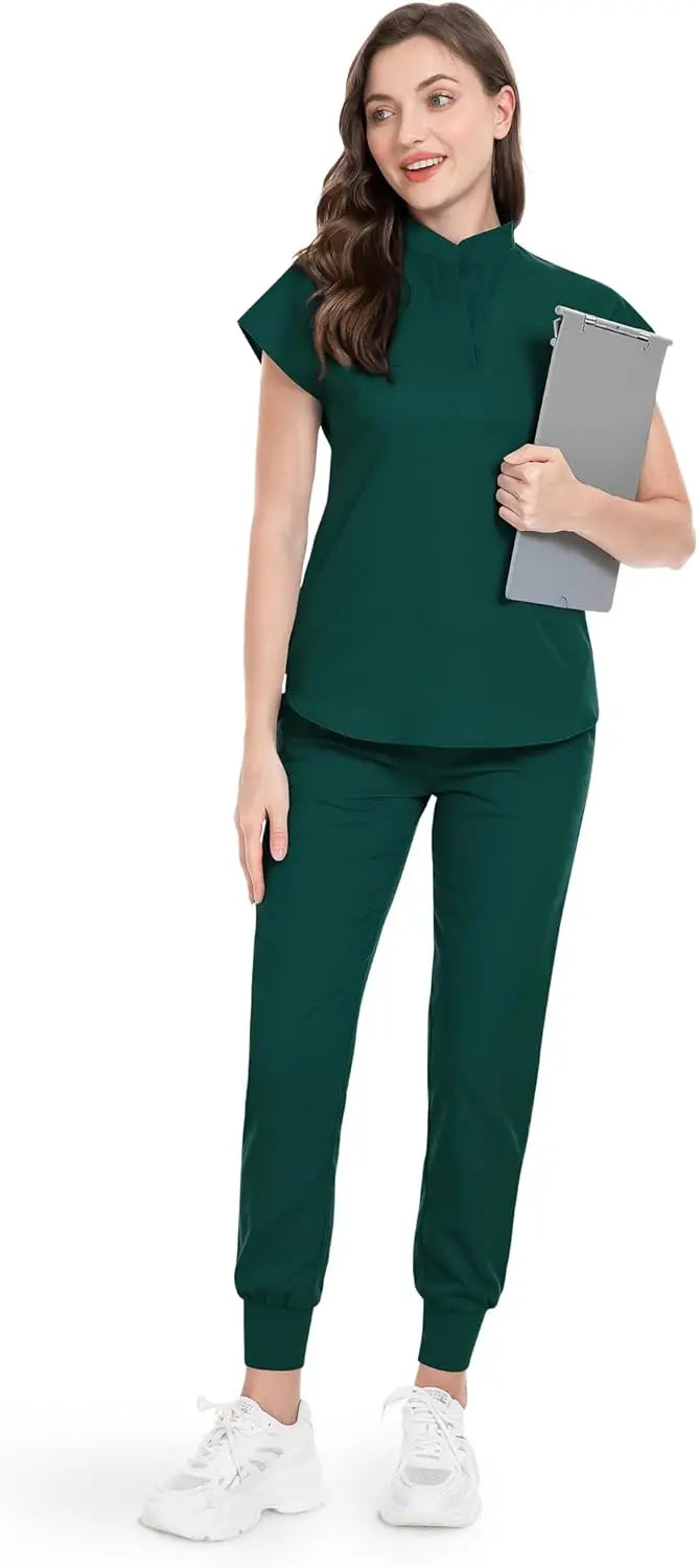 niaahinn Scrubs Set for Women Nurse Uniform Jogger Suit Stretch Top & Pants with Multi Pocket for Nurse Esthetician Workwear