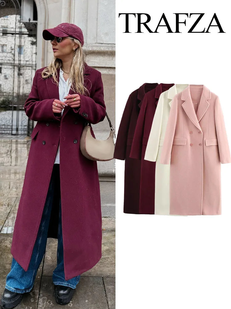 HH Female Autumn Winter Fashion Woolen Long Coat Woman Casual Turn-Down Collar Long Sleeves Pockets Double Breasted Coat