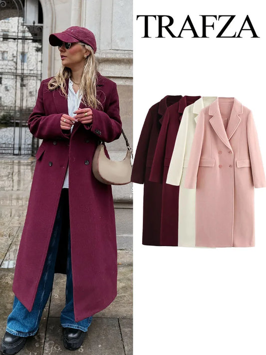 HH Female Autumn Winter Fashion Woolen Long Coat Woman Casual Turn-Down Collar Long Sleeves Pockets Double Breasted Coat