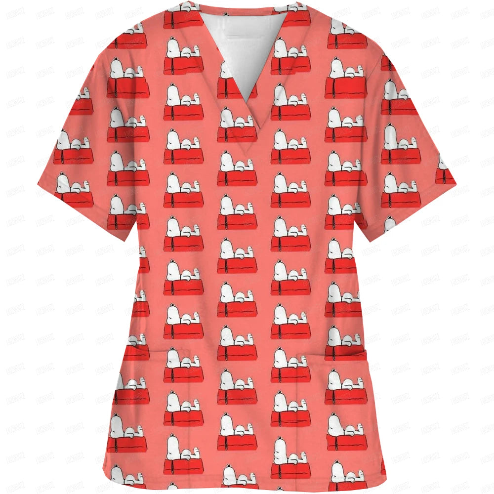 Snoopy print Working Nurse Uniform Women Short Sleeve Pocket Blouse Scrubs Tops Nursing Medical Accessories oversized tshirt