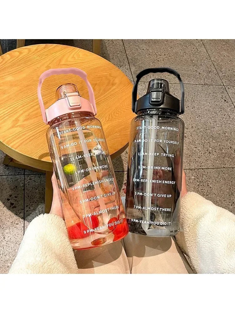 2 Liters Plastic Kettle Large Portable Travel Water Bottle with Straw Sports Fitness Cup High Value Big Fat Cup Adult Universal