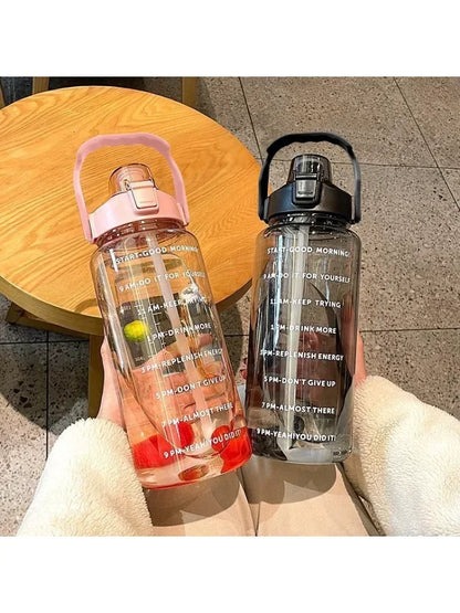2 Liters Plastic Kettle Large Portable Travel Water Bottle with Straw Sports Fitness Cup High Value Big Fat Cup Adult Universal
