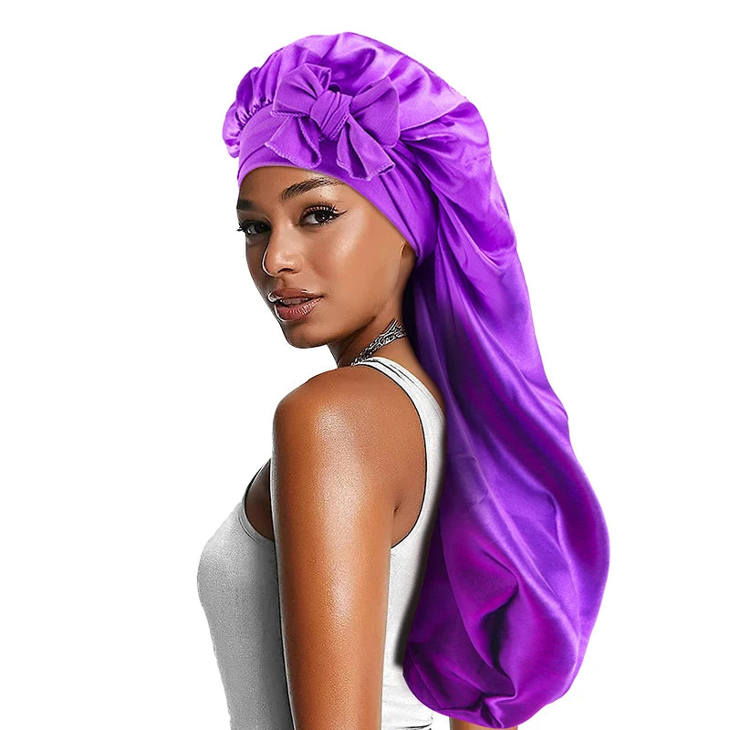 Women long Oversized Elastic Satin Bonnet Sleeping Cap With Ribbon Breathable Sleeping Cap Turban Sleep Headwear Bandanas