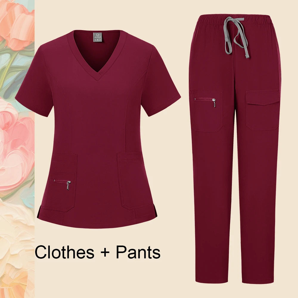 Pants Sets Short Sleeved Top Scrub Solid Color Surgical Gowns Medical Accessories Manicurist Beautician Nursing Scrub Sets Women