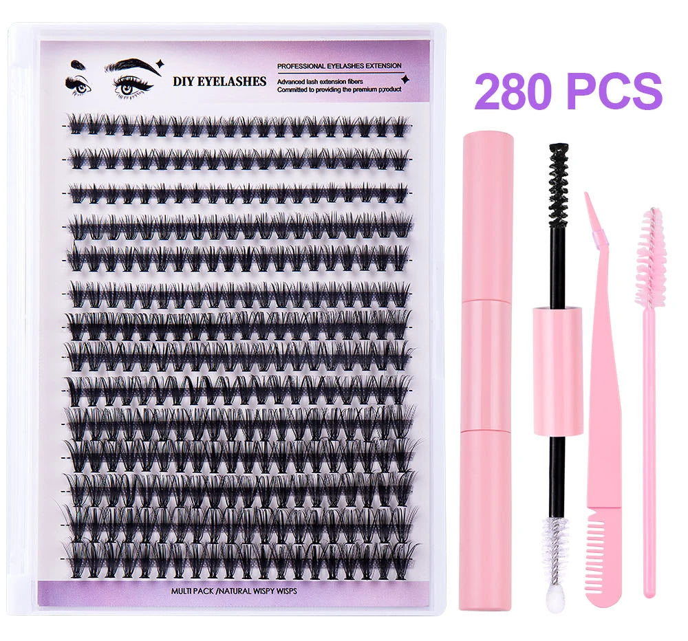 DIY Eyelash Extension Kit, 280 PCS Clusters Slender Stems, Super Fixed Mascara Brush Bond and Seal Eyelash Glue and Eyel