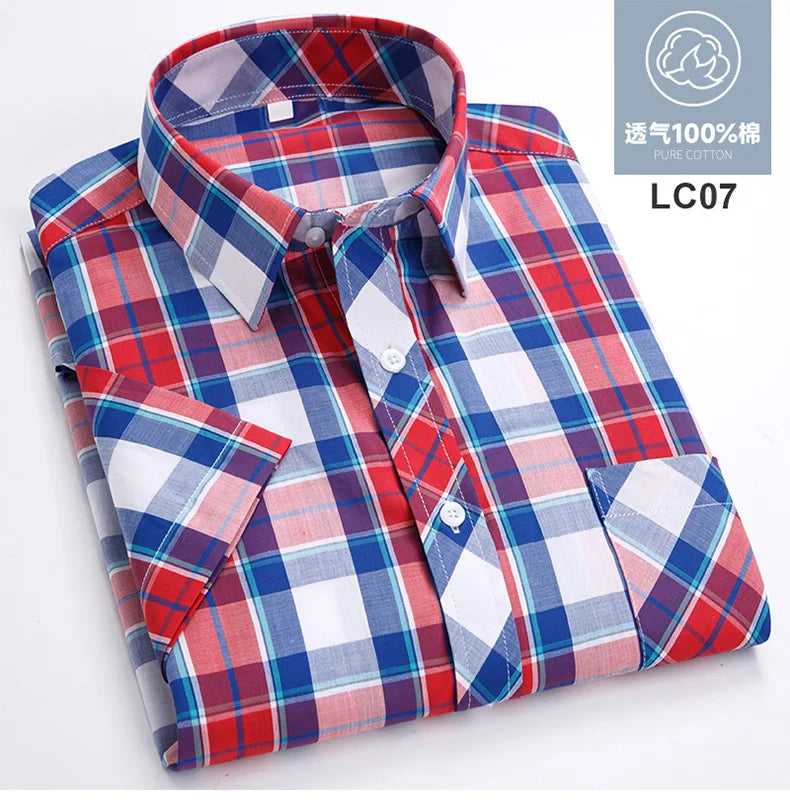 Plus Size 8XL 7XL New Men's Shirts Short Sleeve Cotton Plaid Shirt Summer Fashion Thin Soft Classic Basic Casual Male Clothing
