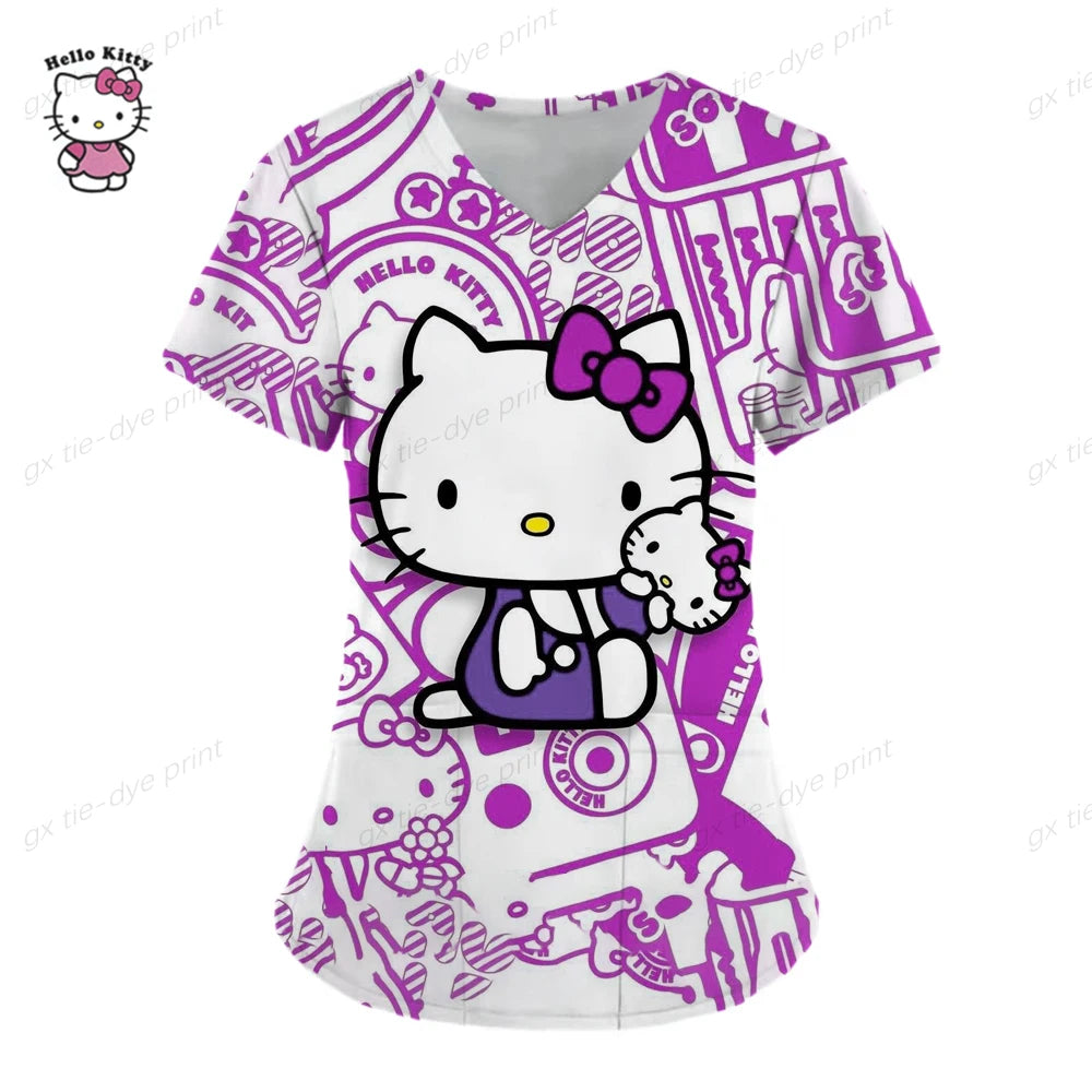 Hello Kitty Uniform Women's Cartoon Hello Kitty Print Nurse Work Shirt Pocket Gown Christmas Healthcare Nurse Scrubs
