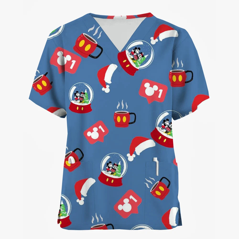 Nurse Uniforms Women Merry Christmas Print Short Sleeve Stitch Scrubs Working Medical Blouse Overalls Uniforms Medical Nursing