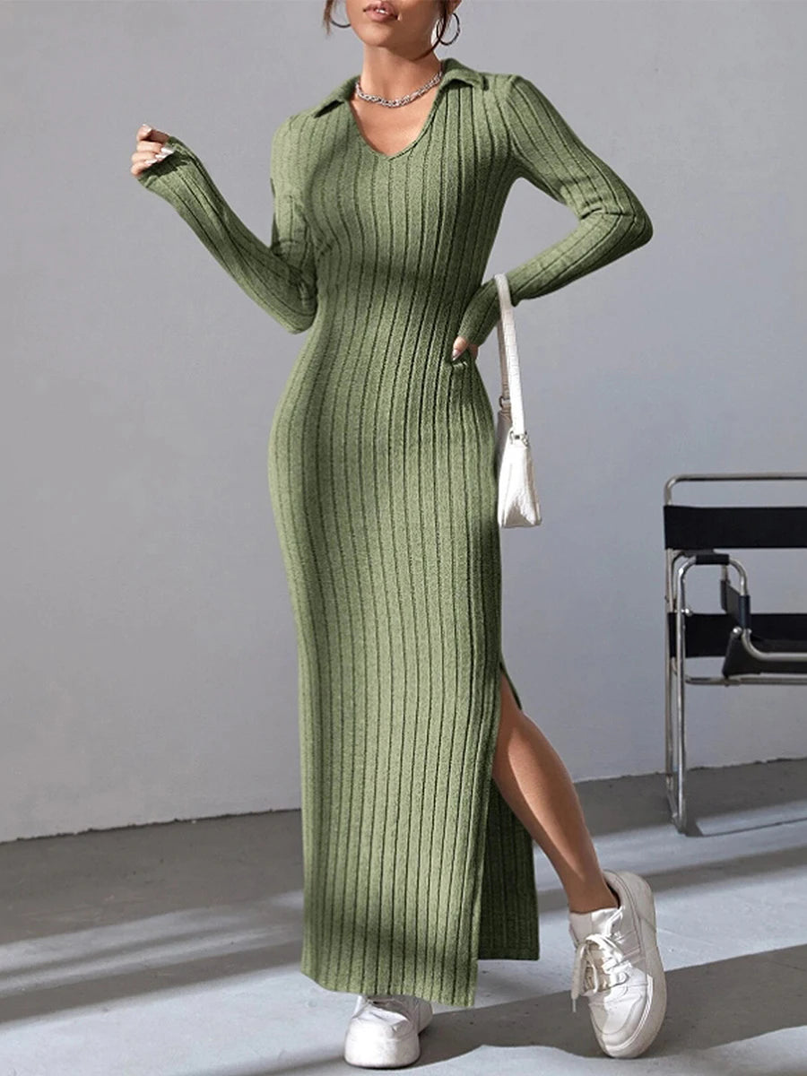 Women's Fall Winter Knitted Dress Long Sleeve Lapel Collar Solid Color Bodycon Long Dress Going Out Dress