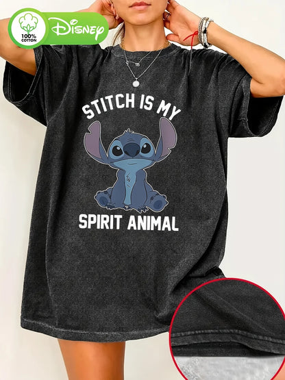Stitch Graphic T-Shirt - Black Casual Oversized T-Shirt with "Stitch Is My Spirit Animal" Print Casual Vintage Wash T-Shirt