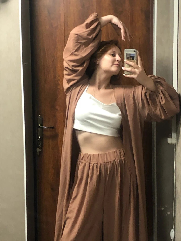 Women 3 Piece Sets Homewear Fashion Casual Lantern Sleeve Cardigan Tops+Wide Leg Pants Suits Lady Spring Soft Three Piece Outfit