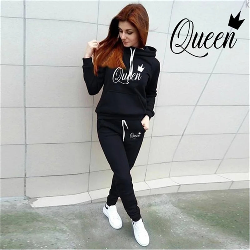 Plus Size Women's Two-piece QUEEN Printed Sportswear Jogging Suit Women's Hooded Sportswear Suit Clothes Hoodie + Sweatpants
