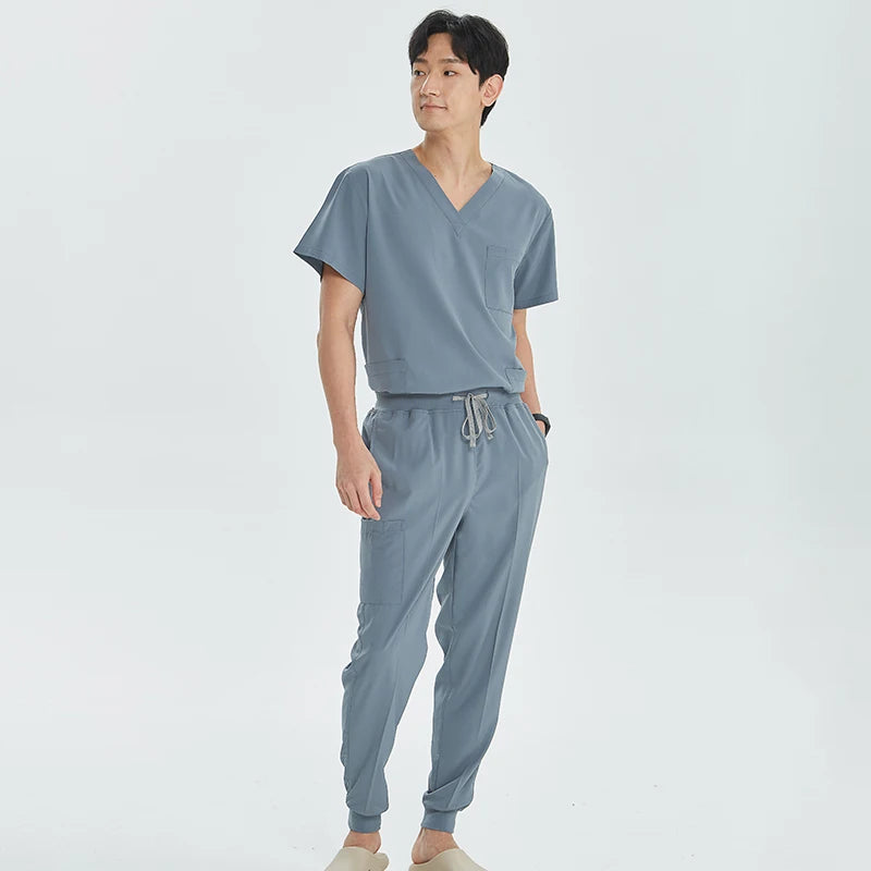 Green Hospital Work Uniforms Short-sleeved Doctor Outfit Clinical Scrub Set for Women Men Nurse V-neck Top Jogger Pant Scrub S21