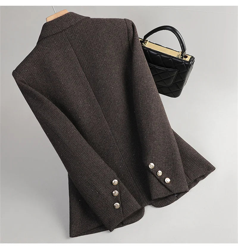 Autumn Winter Women Blazer Long Sleeve Single Button Formal Jacket Business Coat Ladies Office Woolen Suit Coat Female Outerwear