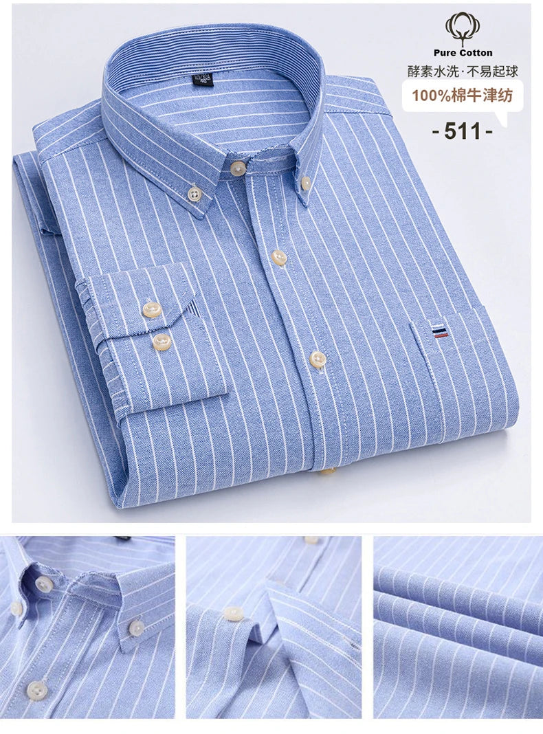 New S-7XLCotton Oxford Shirt For Mens Long Sleeve Plaid Striped Casual Shirts Male Pocket Regular-Fit Button-Down Work Man Shirt