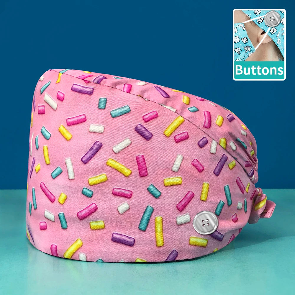 Pill Capsule Pattern Pink Scrubs Cap Female Nurse Medical Clinic Accessories Women's Operating Room Hat with Buttons Cotton Hats