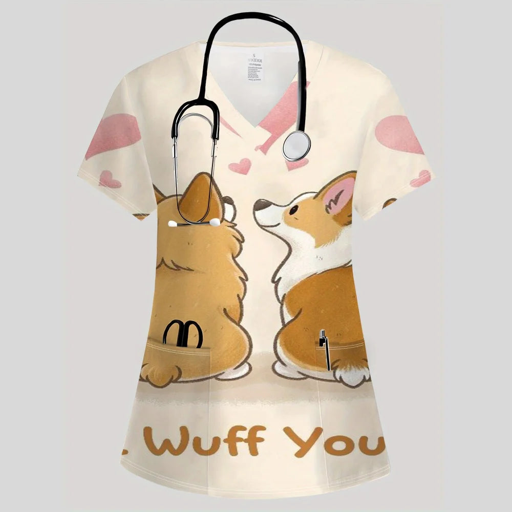 Clinical Uniform Woman Fashion V-Neck Vibrant Pockets T-Shirt Cute Cartoon Print Tops Summer Comfortable Vet Nurse Uniform Woman