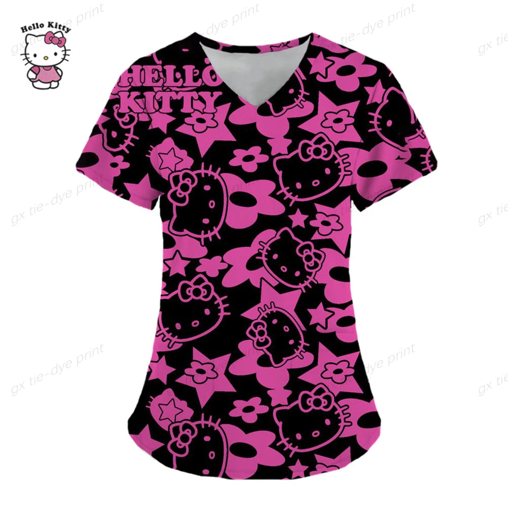 Hello Kitty Uniform Women's Cartoon Hello Kitty Print Nurse Work Shirt Pocket Gown Christmas Healthcare Nurse Scrubs
