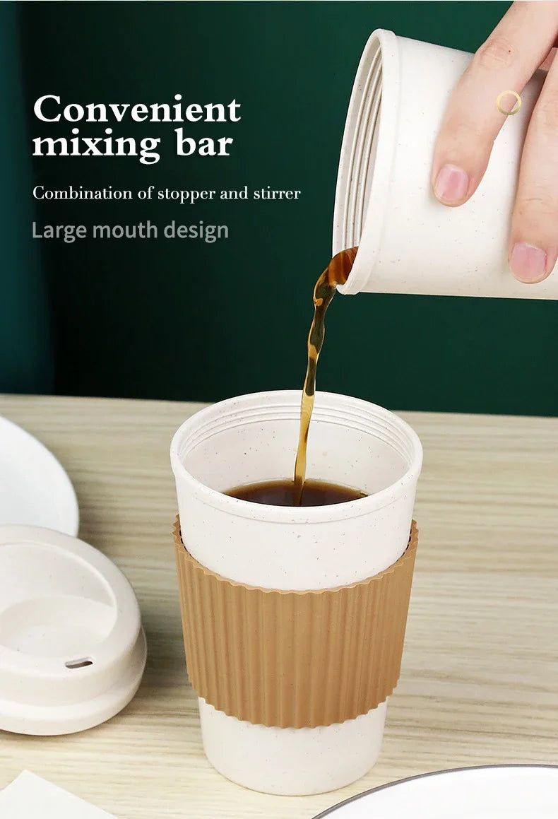 450ML Coffee Cups With Lids Wheat Straw Reusable Portable Coffee Cup Dishwasher Safe Coffee Mug Coffee Tea Travel Cups